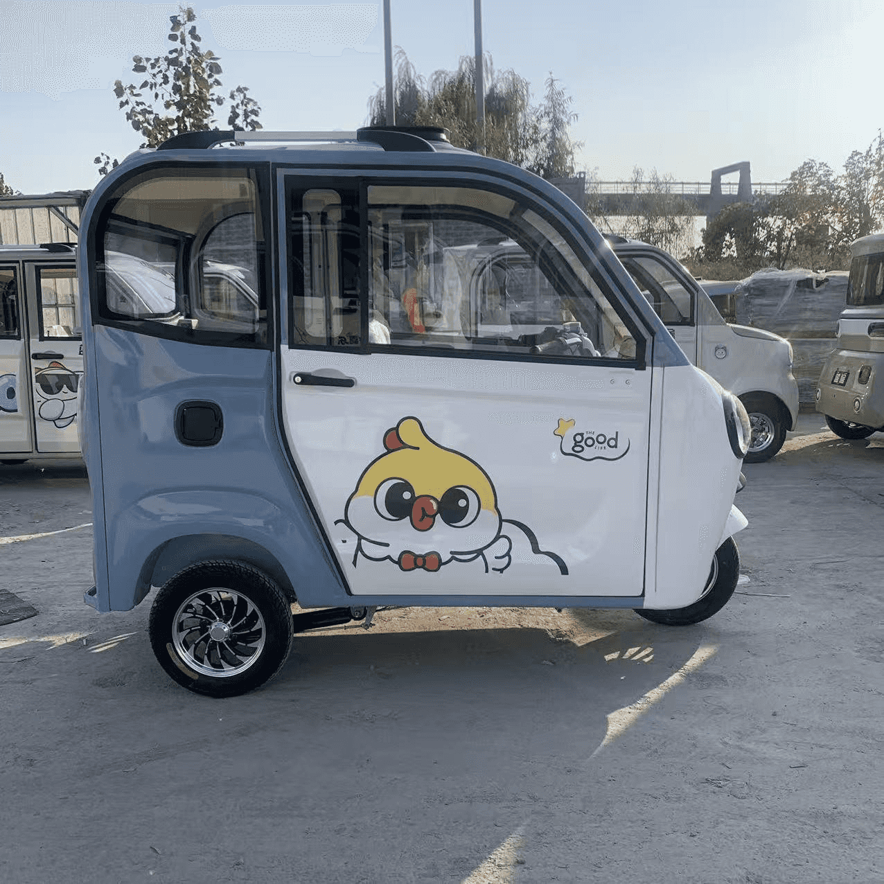 Wholesale 3-seat enclosed electric passenger trike. Features optional A/C & heater for Arctic/Desert campus transit. Inquire for factory FCL price today.